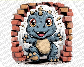 Adorable Baby Dinosaur Clipart | 3D Wall Break Dino PNG | 300 DPI Digital Download for Nursery or Birthday