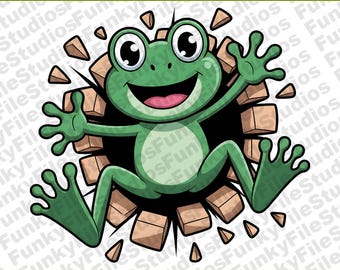 3D Wall Break Funny Frog PNG | Cute Cartoon Style Clipart | 300 DPI Digital Download for Kids Projects