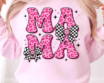 Pink Leopard Mama PNG, Coquette Bow Mom Sublimation, Cheetah Print Mama DTF, Girly Mother's Day Design, Pink Checkered Bow, Mama T-shirt PNG