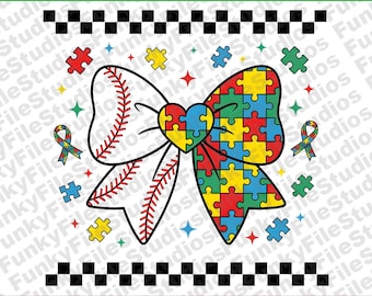 Autism Baseball Bow PNG Digital Download, Puzzle Piece Sports Sublimation Design, Autism Awareness Clipart, Baseball Mom Printable
