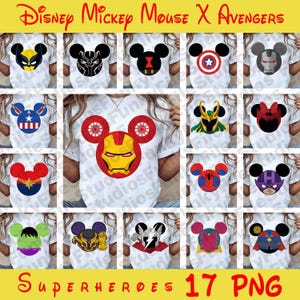 May include: A selection of white t-shirts with Mickey Mouse heads styled as Avengers superheroes. Designs include Iron Man, Captain America, and Wolverine. The text "Disney Mickey Mouse X Avengers" and "Superheroes 17 PNG" are displayed on the image.