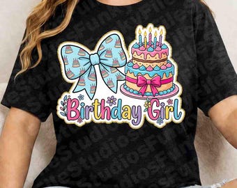 Birthday Girl PNG, Blue Coquette Bow & Cake Sublimation, Girls Birthday Shirt Design, Pastel Princess Party Graphic, Digital Download PNG