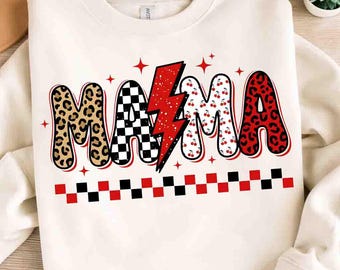 Retro Mama PNG, Leopard Print Lightning Bolt Sublimation, Checkered Mama DTF, Trendy Western Mom Shirt Design, Groovy Mama Graphics