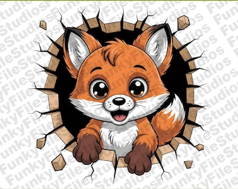 Cute Fox PNG | 3D Wall Break Clipart | Digital Download | Woodland Animal Printable | Kids Room Decor | Fox Wall Art