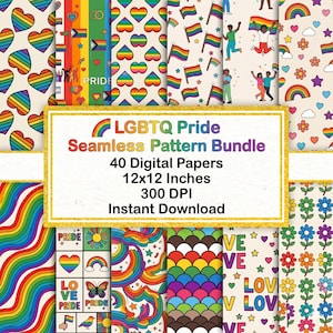 Paquete de papeles digitales del Mes del Orgullo LGBT, 40 patrones de álbumes de recortes con arcoíris sin costuras, fondo del Orgullo Gay, descarga instantánea imprimible "El amor vence"