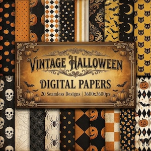 May include: A collection of twenty seamless digital papers featuring vintage Halloween patterns including pumpkins, skulls, black cats, bats, spiders, webs, and geometric shapes, displayed behind a central sign reading Vintage Halloween Digital Papers.