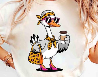 Sassy Goose PNG, Leopard Print Bandana Duck, Coffee Lover Goose Sublimation, Pink Heels Duck DTF, Funny Farm Animal, Girly Streetwear Design