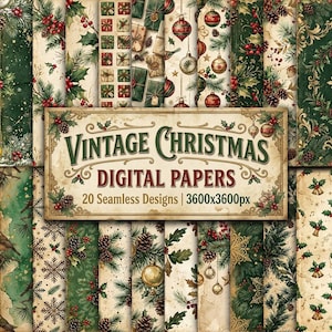 May include: A collection of 20 seamless digital papers featuring vintage Christmas motifs including pine branches, holly berries, pinecones, ornaments, and gift boxes. A central rectangular label displays the text VINTAGE CHRISTMAS DIGITAL PAPERS.