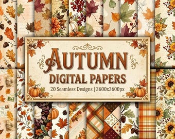 Könnte beinhalten: Eine Sammlung von 20 nahtlosen digitalen Papieren mit Herbstmotiven wie Ahornblättern, Kürbissen, Sonnenblumen, Eicheln und Karomustern. Ein zentrales rechteckiges Etikett zeigt den Text AUTUMN DIGITAL PAPERS 20 Seamless Designs | 3600x3600px.