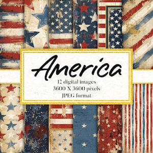 May include: A collection of digital images showcasing distressed American flag designs in red, white, and blue. The images feature stars and stripes on aged wood textures. The word "America" is displayed within a gold-edged frame, with image specifications.