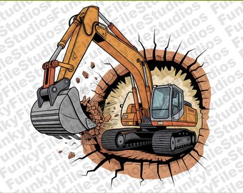 Excavator Clipart PNG | Construction Vehicle Png | Wall Break PNG 3D PNG | Boys Room Decor | Instant Digital Download