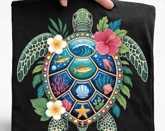 Ornate Sea Turtle PNG, Tropical Ocean Wildlife Sublimation, Colorful Floral Sea Turtle Clipart, Beach Life Digital Art, T-Shirt Design
