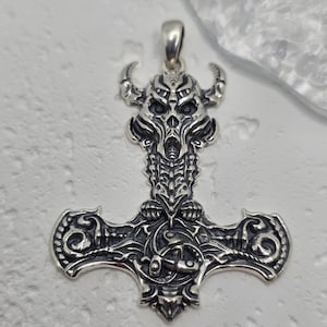 Viking Thors Hammer Pendant with Skull Runes and Skeleton Design 925 Sterling Silver Norse Talisman of Strength Mythology and Protection