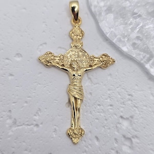 Jesus Cross with St Benedict Medal 925 Sterling Silver 18K Gold Plated Amulet Catholic Christian Jewelry Protection Gift for Him Her