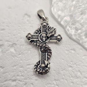 Gothic Skull Cross Pendant 925 Sterling Silver Dragon Serpent Amulet Dark Occult Jewelry Gothic Style Protective Talisman Gift