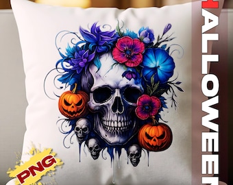 Halloween Shirt: Floral Skull PNG Sublimation Design (Digital File)
