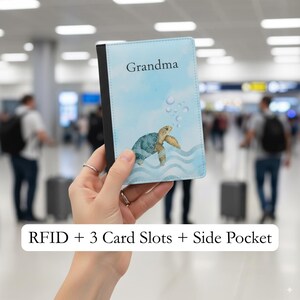 Personalized Passport Cover for Grandma, Turtle Design, RFID Passport Holder, Vegan Leather Travel Wallet, Mother’s Day Gift
