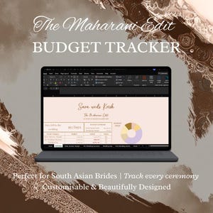 May include: A laptop screen showing a wedding budget tracker. The spreadsheet has a pastel colour scheme and the text "Sara weds Krish" and "The Maharani Edit." The laptop is set against a neutral background with decorative elements.