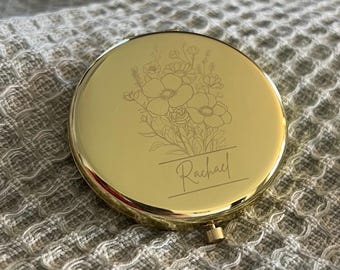 Compact Mirror custom engraved for bridesmaid gift, wedding favor, flower compact mirror, stocking stuffer