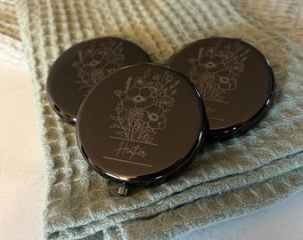 Custom Engraved Black Compact Mirror, Floral Bridesmaid Gift