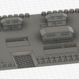 May include: A 3D rendering of a gray model village. The scene includes three buildings, a rectangular pool, and several rectangular areas. The perimeter is lined with cylindrical shapes.