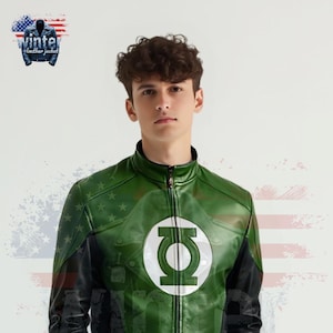 May include: Green leather jacket with a black collar and sleeves. The jacket features a white and green emblem on the chest and a zipper closure. The words "Winter leather jacket" are printed on the top left.