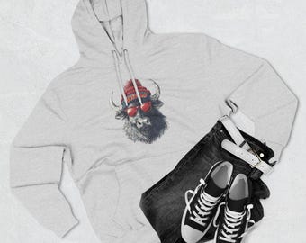 Buffalo with Sunglasses and Plaid Beanie Hoodie | Hipster Bison Design