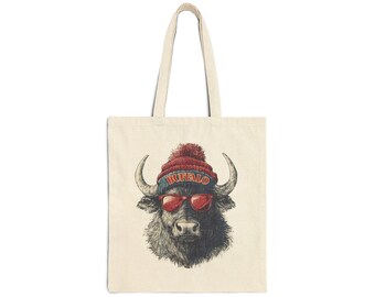 Rustic Buffalo Canvas Tote Bag | Cotton Market Bag | Buffalo with Winter Hat & Sunglasses | Reusable Everyday Tote
