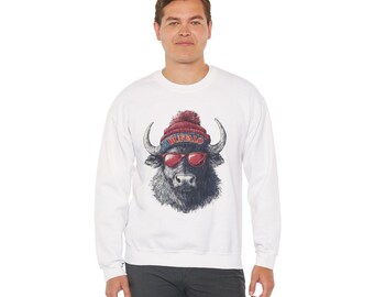 Buffalo with Beanie and Sunglasses Sweatshirt | Cool Buffalo Crewneck
