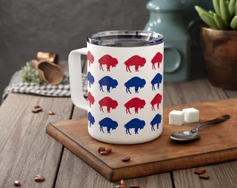 Buffalo Coffee Mug with Handle | Red & Blue Buffalo Print | Insulated Stainless Steel Travel Mug | Buffalo Fan Gift | 716 Buffalo Drinkware