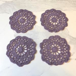 Purple Crochet Coasters: Handmade Cotton Table Decor, Set of 4