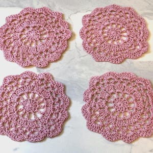 Pink Crochet Coasters: Handmade Cotton Drink Mats, Cottagecore Decor - Set of 4