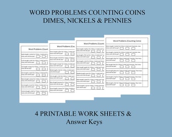 Coins Counting Word Problem Math Addition for Grade 1 and 2. Coins Addition Worksheet. Math Worksheet Printable. Instant Download