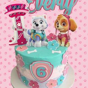 May include: A birthday cake featuring Paw Patrol characters, Everest and Skye, with the name "Everly" on top. The cake is decorated with flowers, paw prints, and a number 6. The cake has a light blue frosting and is on a pink background.