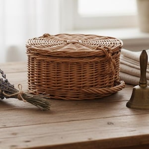 Cesta redonda de mimbre con tapa, cesta de mimbre para almacenamiento con tapa, cesta pequeña de mimbre, cesta redonda de almacenamiento, cesta de mimbre natural, bolsa redonda de mimbre