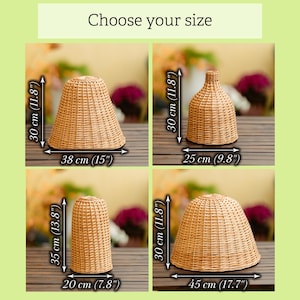 May include: Four woven rattan lampshades in different shapes and sizes are displayed. The text "Choose your size" is at the top. Dimensions are provided in both centimeters and inches: 30 cm (11.8") high, 38 cm (15") wide; 30 cm (11.8") high, 25 cm (9.8") wide; 35 cm (13.8") high, 20 cm (7.8") wide; and 30 cm (11.8") high, 45 cm (17.7") wide.