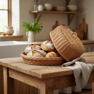 Rieten broodmand, broodmand met deksel, broodopslag, broodhouder, natuurlijke rieten mand, rieten bakkerijmand, rieten mand keuken