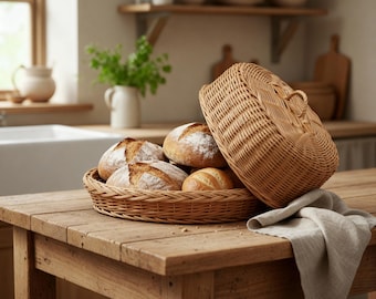 Wicker bread basket, Bread basket with lid, Bread storage, Bread keeper, Natural Wicker Basket, Wicker Bakery Basket, Kitchen wicker basket