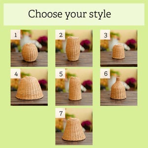 May include: Image features seven woven rattan lamp shades in various shapes. The shades are numbered and displayed on a wooden surface. The text "Choose your style" is at the top of the image.