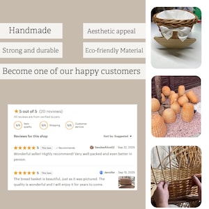 May include: A handmade woven bread basket with a white fabric liner and a wooden base. The basket has an aesthetic appeal and is made of eco-friendly material. The image also shows customer reviews.