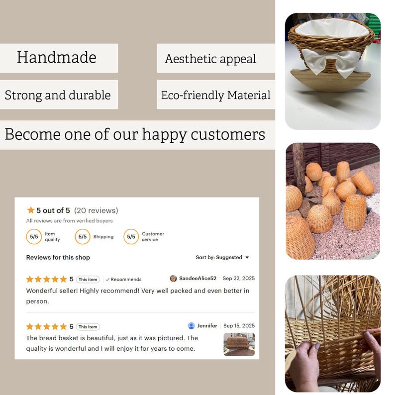 May include: A handmade woven bread basket with a white fabric liner and a wooden base. The basket has an aesthetic appeal and is made of eco-friendly material. The image also shows customer reviews.