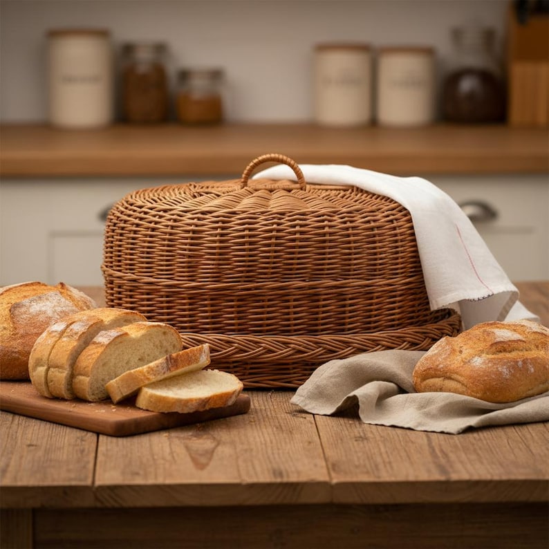 Rieten broodmand, broodmand met deksel, geweven brooddoos, broodopbergdoos, rieten opbergmand, broodhouder met deksel, handgemaakte broodmand afbeelding 10