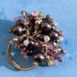 Adjustable Cocktail Ring Beaded Sugar Plums Plum and Pale Pink Crystal with Swarovski Pearls