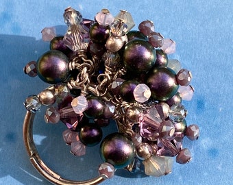 Adjustable Cocktail Ring Beaded Sugar Plums Plum and Pale Pink Crystal with Swarovski Pearls