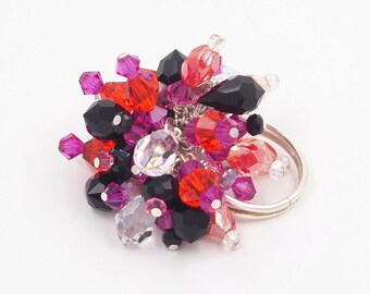 Adjustable Beaded Kaleidoscope Crystal Cocktail Ring in Hot Pink, Black and Fuschia and Coral