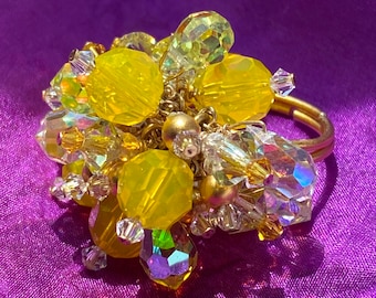 Crystal Ring- Adjustable Lemon Drop Swarovski Crystal and Gold Cocktail Ring with Vermeil Band