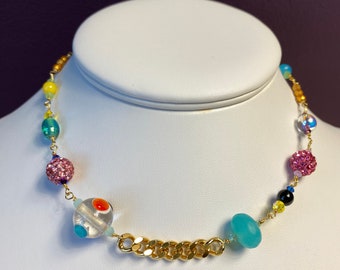 New! Gold 2 Chain Choker Necklace with Multi Colored Vintage Beads