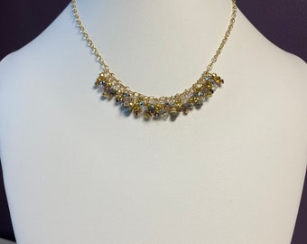14 c Gold Chain Fringe Choker Necklace with Gold Pyrite, Crystals, Chocolate Moonstones