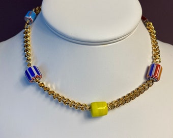 Gold Plated Brass Chunky Choker Necklace with Vintage Multicolor Beads
