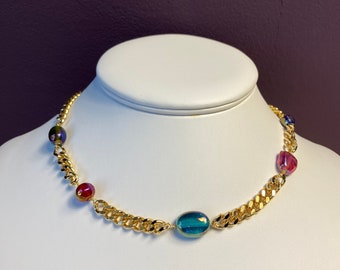 New! Chunky Gold Plated Choker Necklace with Vintage Multicolor Glass Beads